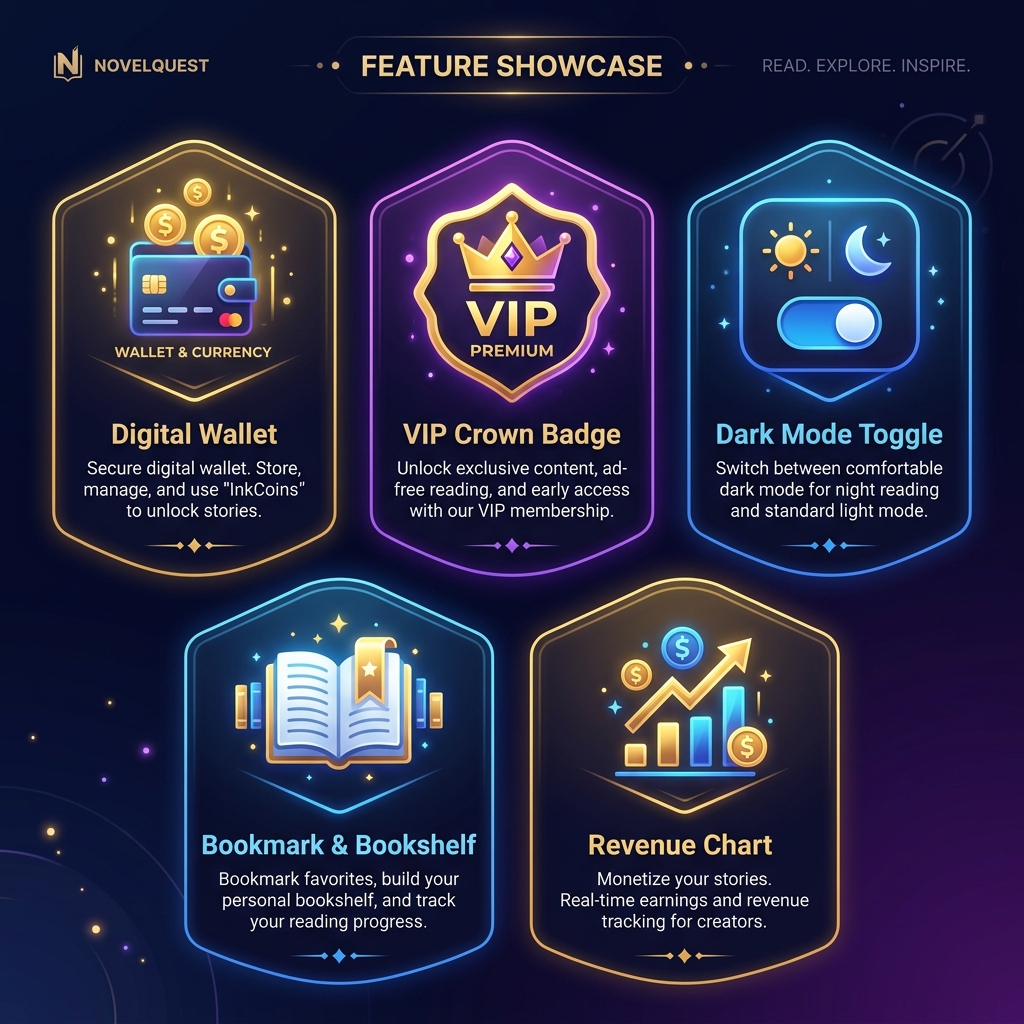 Hệ sinh thái tính năng toàn diện: Ví tiền, VIP, MMO, Dark Mode, Bookmark