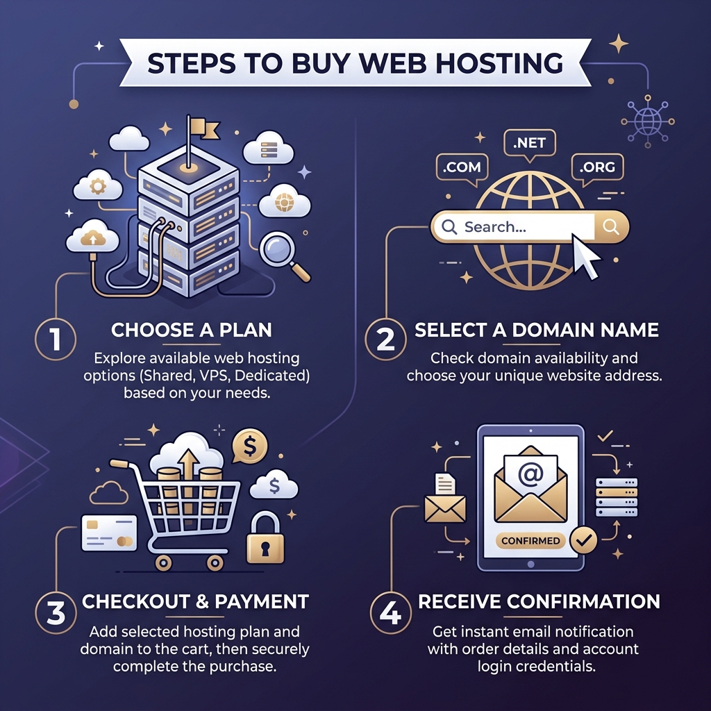 Minh họa các bước mua hosting cho website truyện chữ